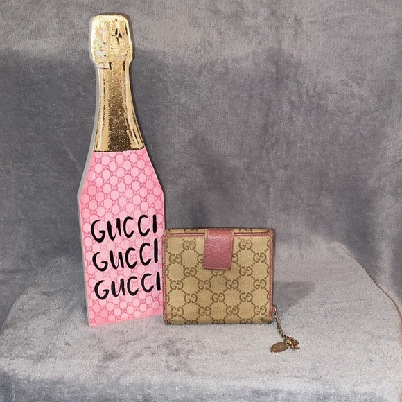 💕GUCCI💕Tan/Pink GG Canvas and Leather French Flap Wallet with COA/GUC - Picture 2 of 15
